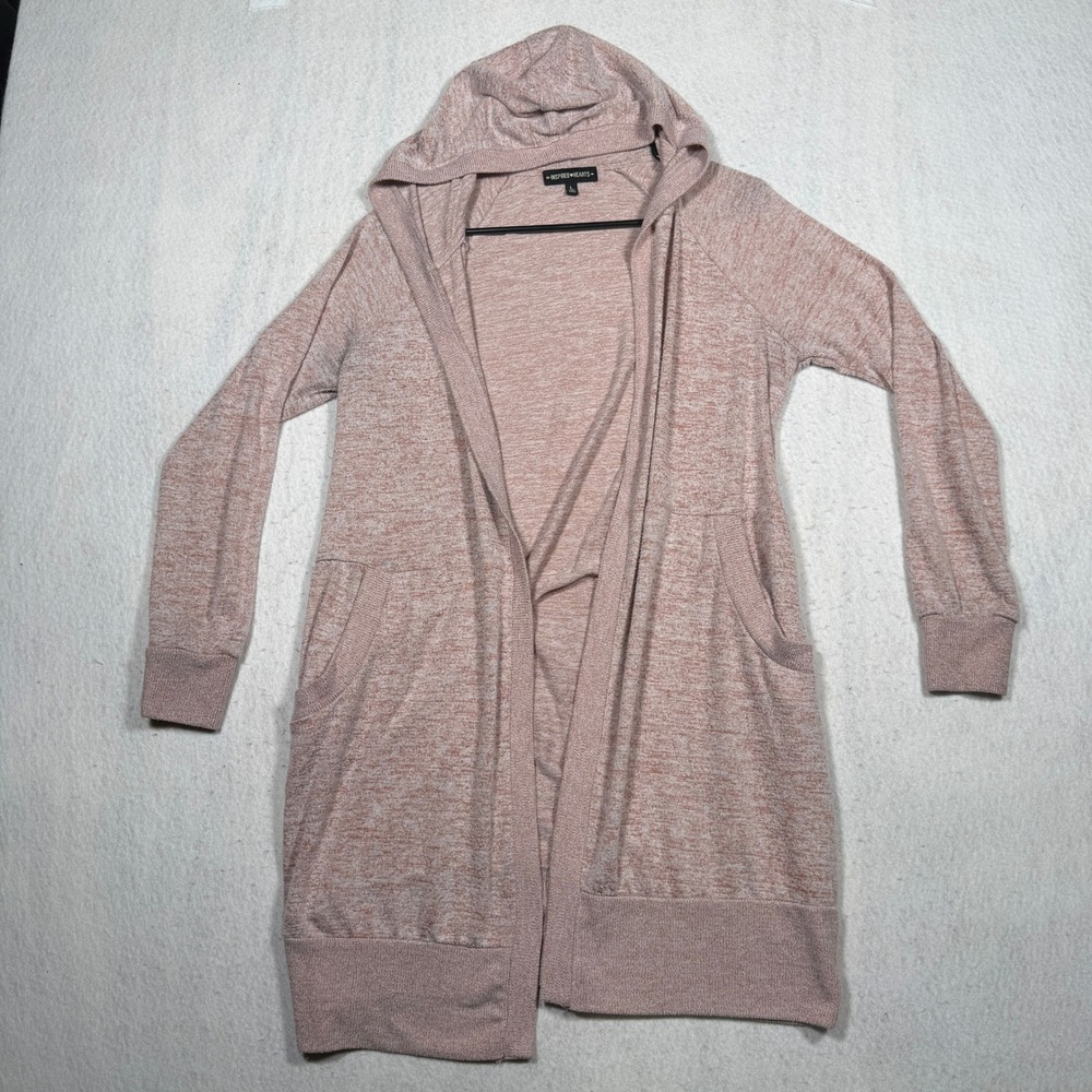 Inspired Hearts Womens Large Pink Space Dye Hooded Open Front Cardigan Pockets